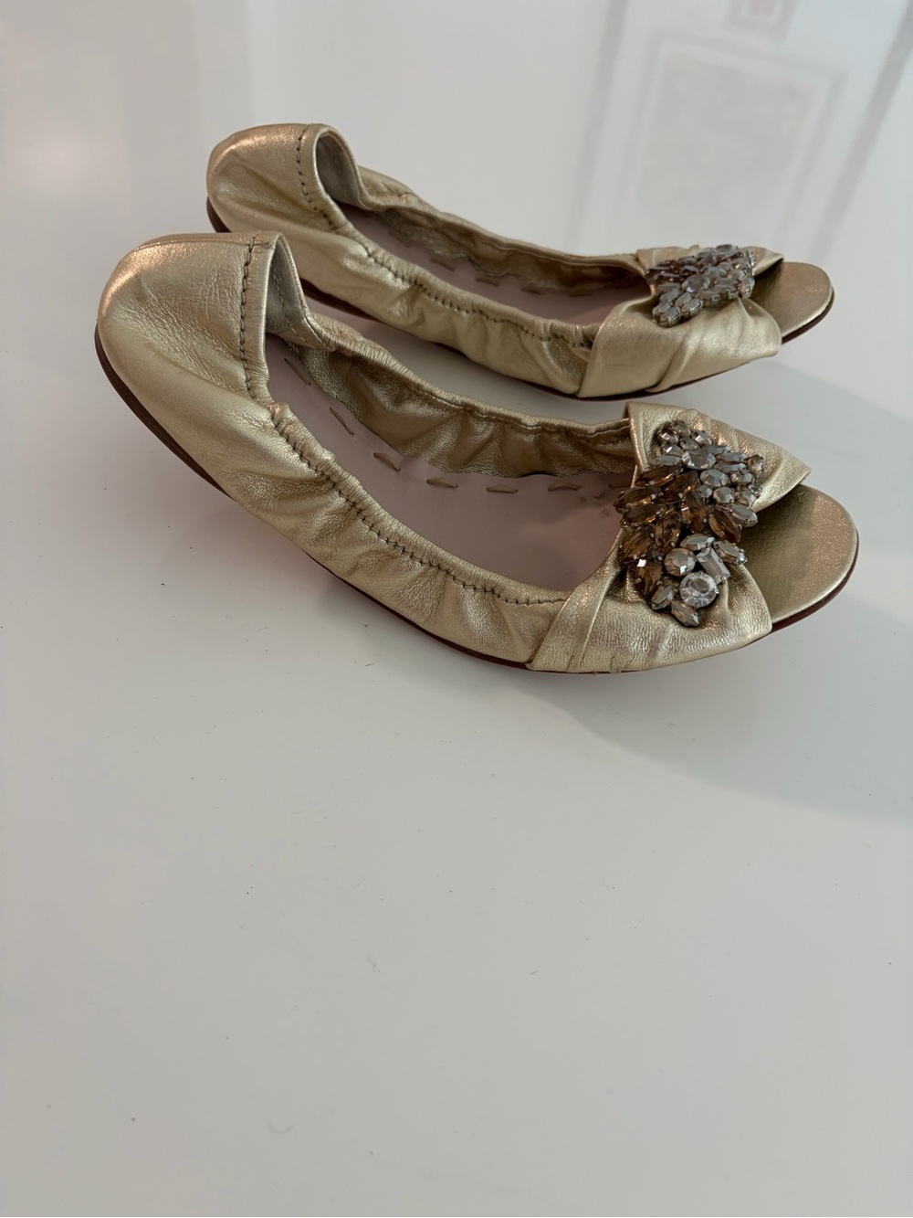 Miu Miu Metallic Gold Jeweled Peep-Toe Ballet Flats - Picture 2 of 4